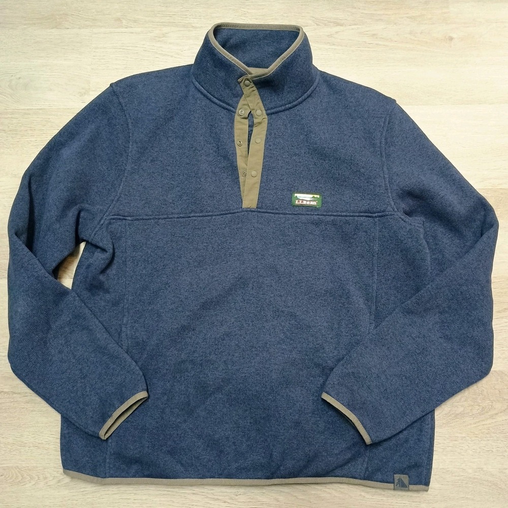 LL Bean Mens Sweater Fleece Pullover 1/4 Button Slightly Fitted Blue Large